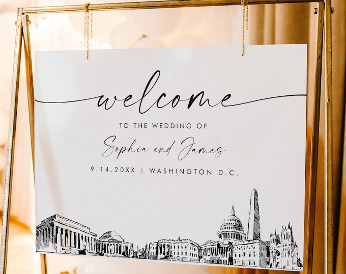 Washington DC Wedding Welcome Sign, Cityscape Skyline, Printable Instant Download, Editable Template, Templett, 18x24, 24x36 #0047-353LS