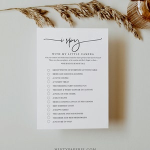 J'espionne le jeu de mariage, carte imprimable et signe, modèle modifiable, chasse à la photo minimaliste, hashtag, téléchargement immédiat, Templett #0009-394BG