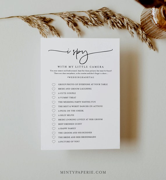 I Spy Wedding Game, Printable Card and Sign, Editable Template, Minimalist Photo Hunt, Hashtag, Instant Download, Templett #0009-394BG