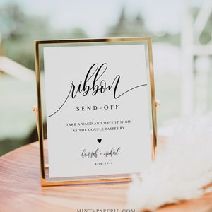 Ribbon Send Off Sign, Printable Minimalist Wedding Streamer, Wave a Wand, Editable Template, Instant Download, Templett, 8x10 #008-72S