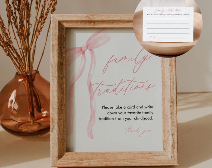 Baby Family Traditions Sign & Card, Coquette Bow Girl Baby Shower, Pink Ribbon Share a Childhood Memory, Editable, Templett #0057-46BAG