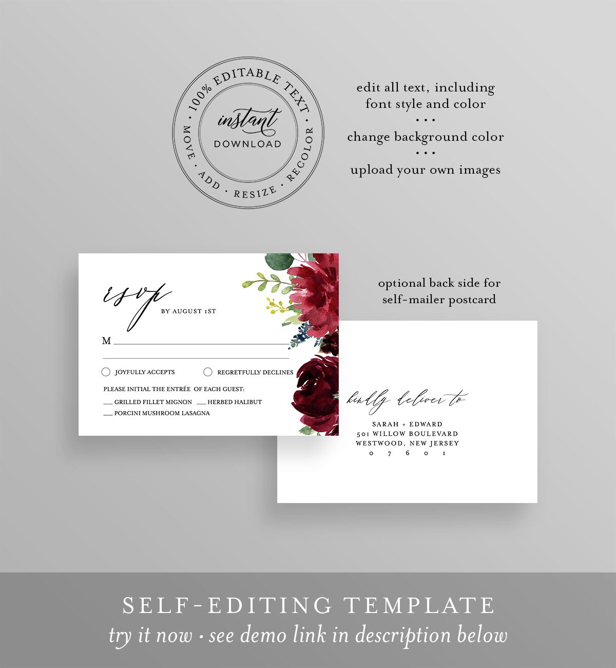 Boho Rsvp Card Template Editable Response Card Printable Wedding Enclosure Self Mailer Self Mailer Postcard Template