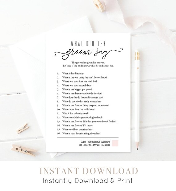What Did The Groom Say Bridal Shower Game Bridal Quiz Etsy