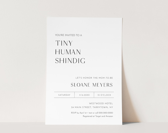 Minimalist Baby Shower Invitation, Modern Baby Shower Invite, Tiny Human Shindig, Editable Template, Instant Download, Templett #0026B-204BA