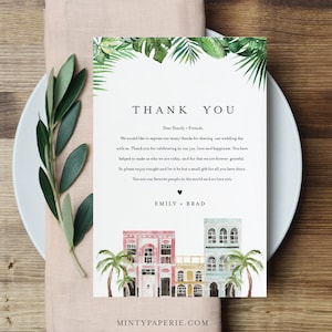 Carta de agradecimiento de Charleston, Nota de servilleta, Menú de boda imprimible Gracias, Plantilla editable, Descarga instantánea, Templett, 4x6 #017B-135TYN