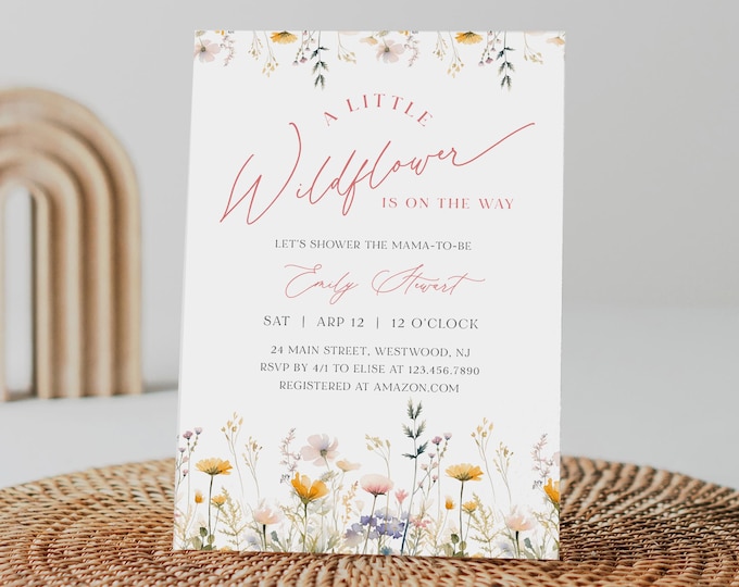 Wildflower Baby Shower Invitation, A Little Wildflower on the Way, Floral, Girl Baby Shower, Spring, Editable Template, Templett #0067-262BA