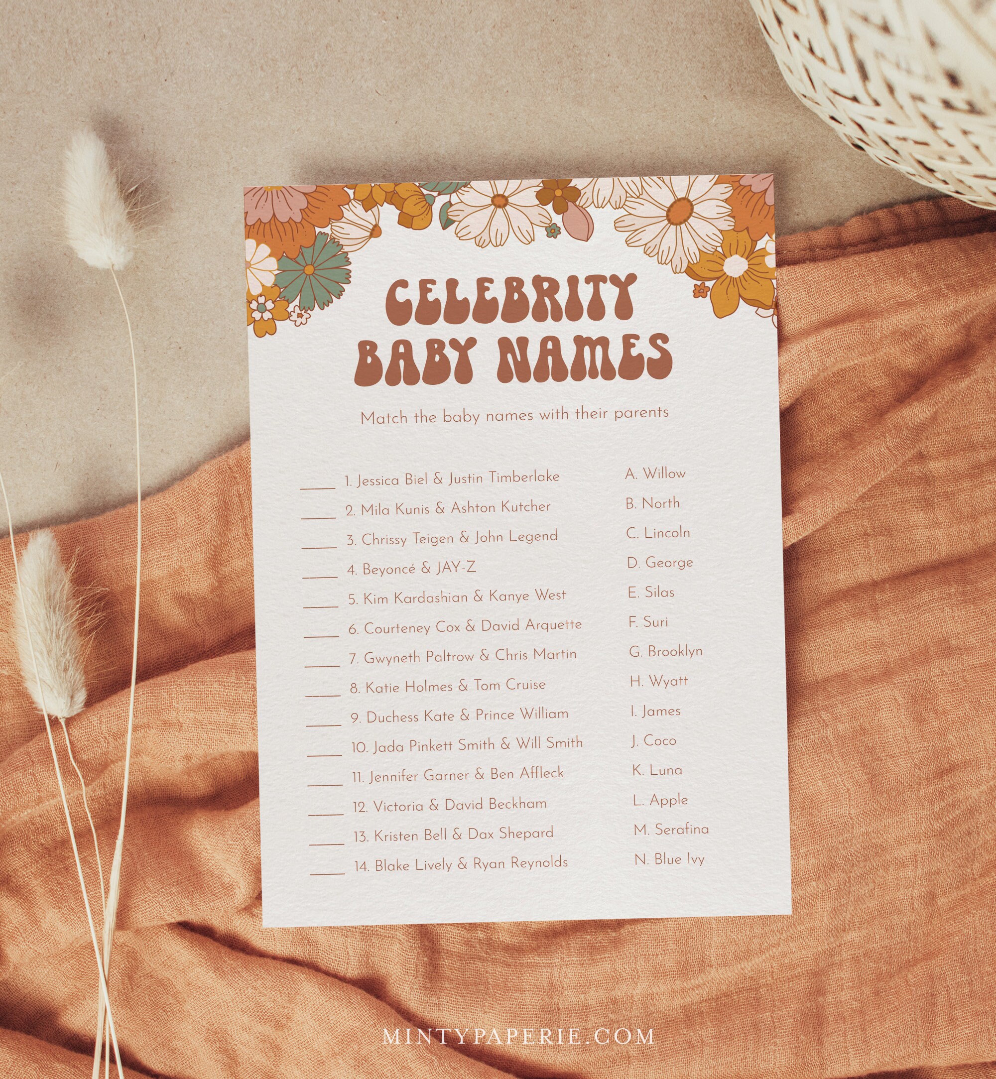 Celebrity Baby Name Game Printable Retro Groovy Baby Shower Game