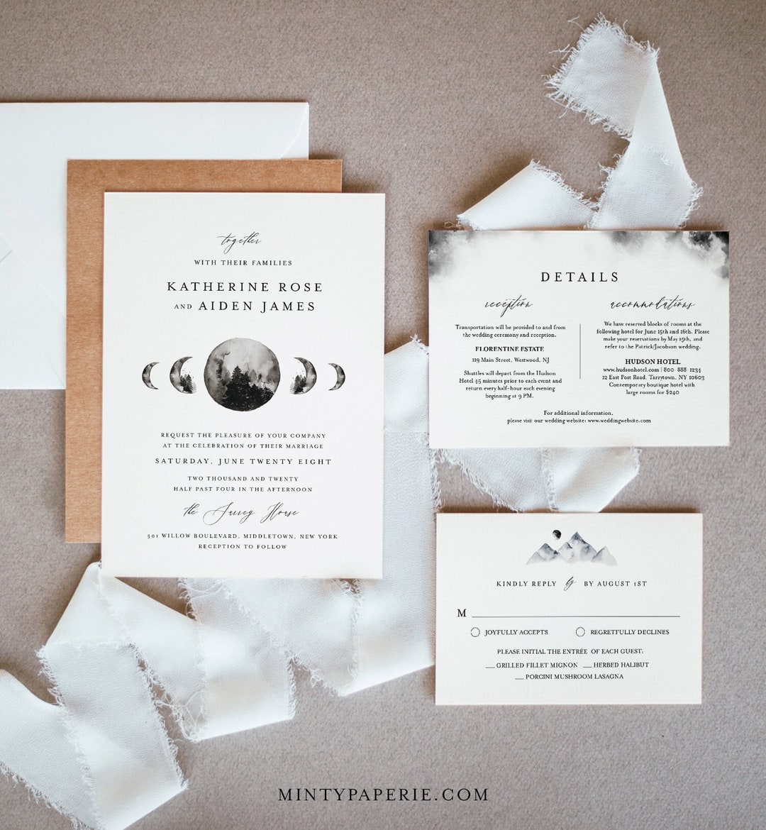 Celestial Wedding Invitation Set, Bohemian Full Moon Wedding