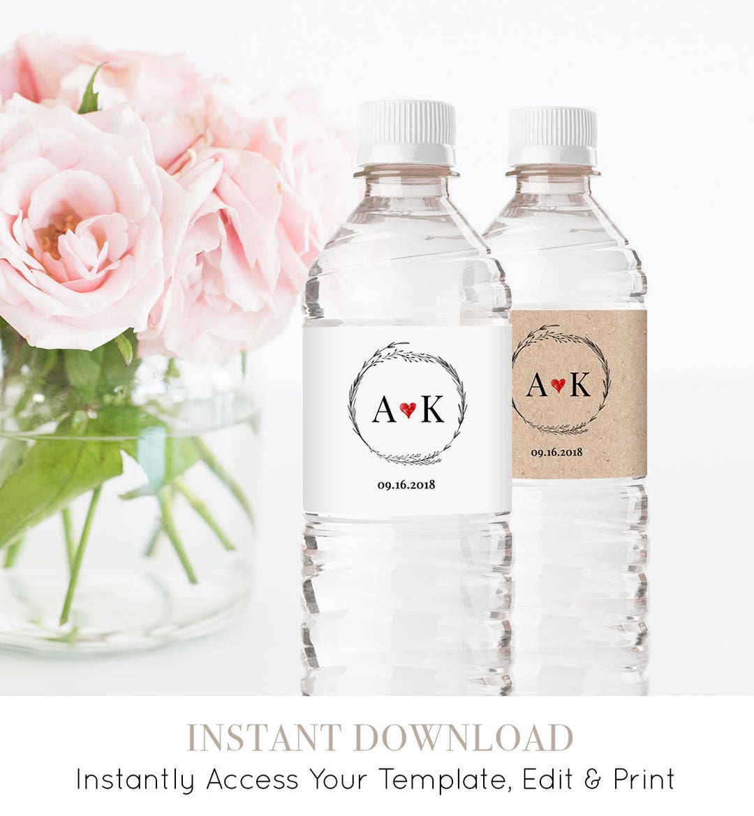 Printable Wedding Water Bottle Template, DIY Rustic Wedding Label ...
