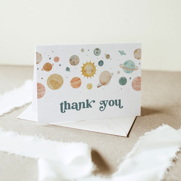 Outer Space Thank You Card, Galaxy Birthday Thank You Note, Astronaut, Rocket Ship, Editable Template, Flat & Tent, 3.5x5 #0052A-231TYC