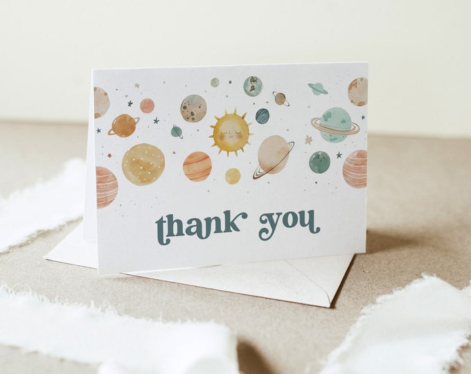 Outer Space Thank You Card, Galaxy Birthday Thank You Note, Astronaut, Rocket Ship, Editable Template, Flat & Tent, 3.5x5 #0052A-231TYC