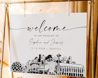 Seattle Welcome Sign, Cityscape Skyline Wedding Sign, Printable Instant Download, Editable Template, Templett, 18x24, 24x36 #0047-353LS