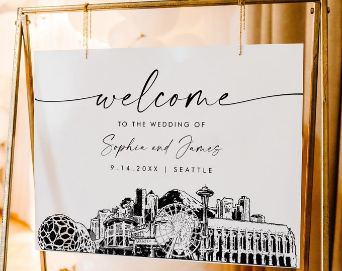 Seattle Welcome Sign, Cityscape Skyline Wedding Sign, Printable Instant Download, Editable Template, Templett, 18x24, 24x36 #0047-353LS