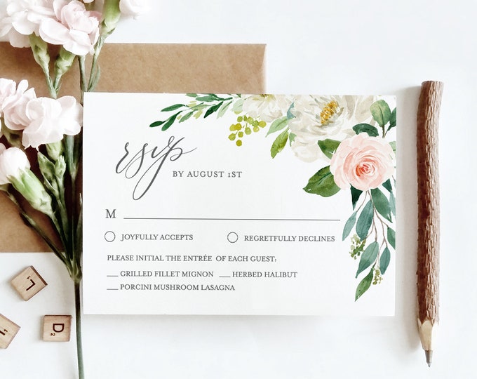 Self-Editing RSVP Card Template, Instant Download, 100% Editable Text, Blush Florals and Greenery Wedding RSVP Printable, Templett, DIY #043