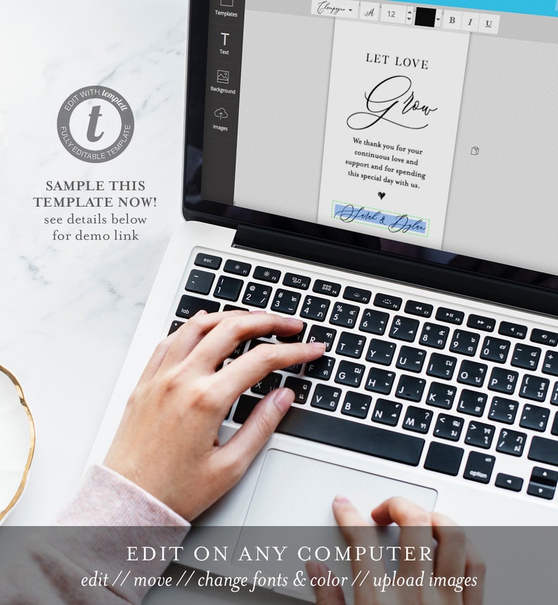 May include: A laptop computer displaying a wedding thank you card template with the text "Let Love Grow" and the names "Saul & Dalu". The template is editable and can be customized with different fonts, colors, and images.