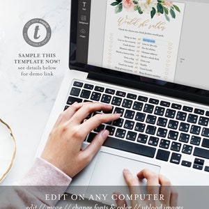 May include: A digital template for a "Would She Rather" bridal shower game. The template features a floral design with pink and white flowers and green leaves. The text "Would She Rather" is in gold lettering. The game includes a list of questions with two choices for each question.