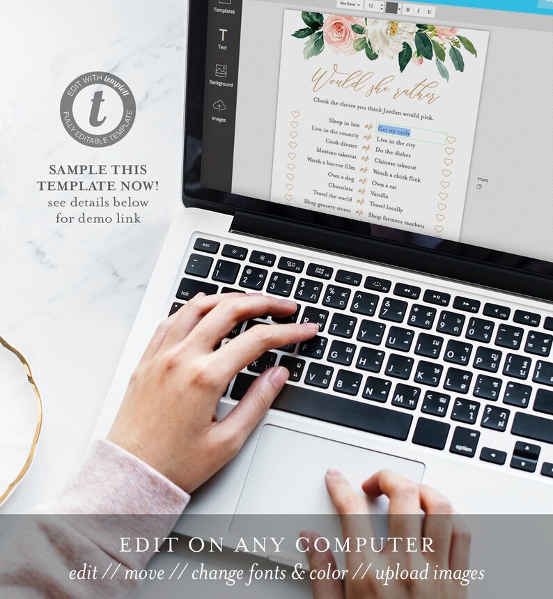 May include: A digital template for a "Would She Rather" bridal shower game. The template features a floral design with pink and white flowers and green leaves. The text "Would She Rather" is in gold lettering. The game includes a list of questions with two choices for each question.