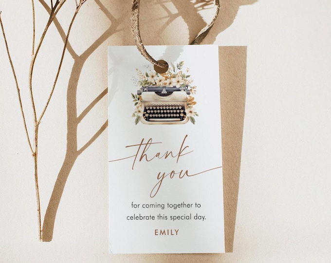 Typewriter Favor Tag, New Chapter Thank You Tag, Bridal Shower Tag, Baby Shower, Instant Download, Editable Template, Templett #0061-250FT