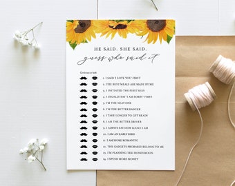 He Said She Said Bridal Shower Game, Guess Who Said It, Sunflower Bridal Game, Editable Template, Instant Download, Templett #0010-317BG