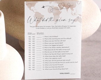 Travel Theme What Did the Groom Say, World Map Bridal Shower Game, Printable, Editable Template, Instant Download, Templett  #0039-08BRG