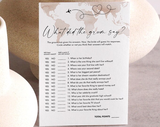 Travel Theme What Did the Groom Say, World Map Bridal Shower Game, Printable, Editable Template, Instant Download, Templett  #0039-08BRG