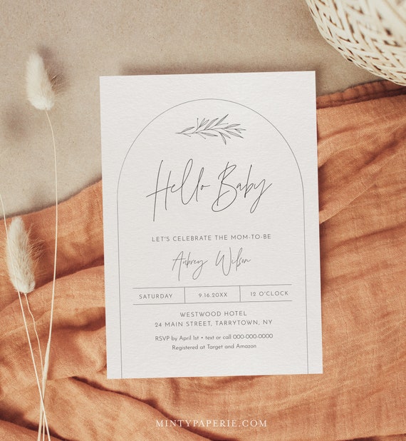 Minimalist Baby Shower Invitation, Modern Arch Baby Shower Invite, Hello Baby, Editable Template, Instant Download, Templett #0030-203BA