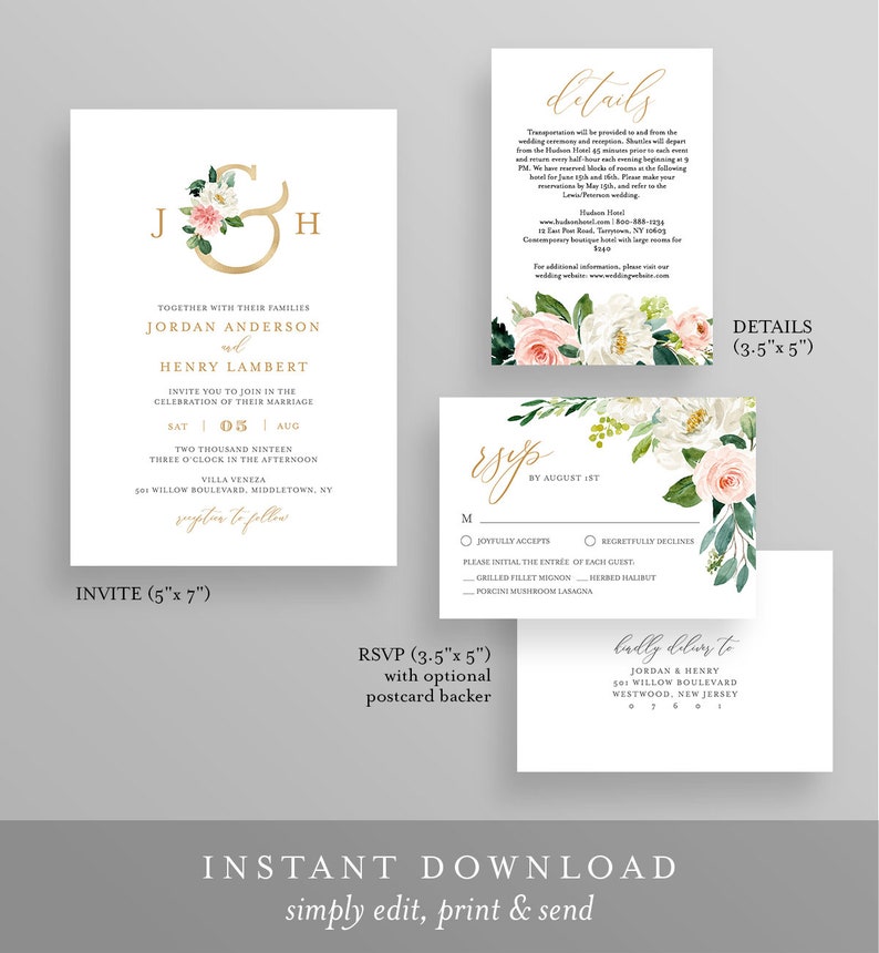 Boho Wedding Invitation Suite Greenery and Gold Blush Florals INSTANT DOWNLOAD Editable Text Wedding Monogram Templett DIY #043C