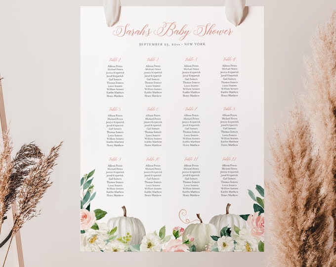 Pumpkin Seating Chart Template, Printable Fall Baby / Bridal Shower Seating Sign Poster, Editable, Instant Download, Templett #072B-288SC
