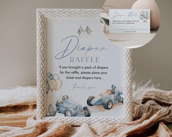 Diaper Raffle Game, Printable Vintage Race Car Boy Baby Shower Diaper Raffle Insert & Sign, Racing, Little Racer, Editable #0068-20BAG