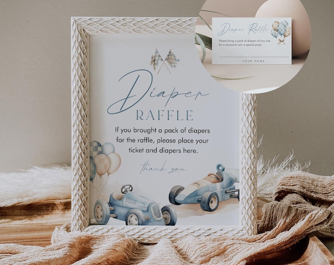 Diaper Raffle Game, Printable Vintage Race Car Boy Baby Shower Diaper Raffle Insert & Sign, Racing, Little Racer, Editable #0068-20BAG