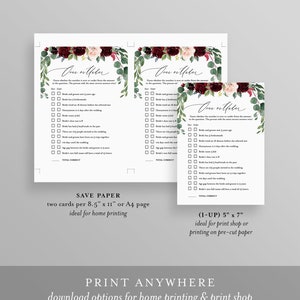 May include: Two printable game cards with a floral design in shades of burgundy, pink, and green. The cards feature the text "Over or Under" and a list of questions about a wedding. The cards are designed for a bridal shower or wedding party game.