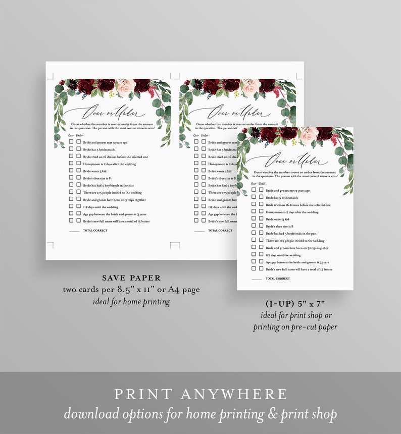 May include: Two printable game cards with a floral design in shades of burgundy, pink, and green. The cards feature the text "Over or Under" and a list of questions about a wedding. The cards are designed for a bridal shower or wedding party game.