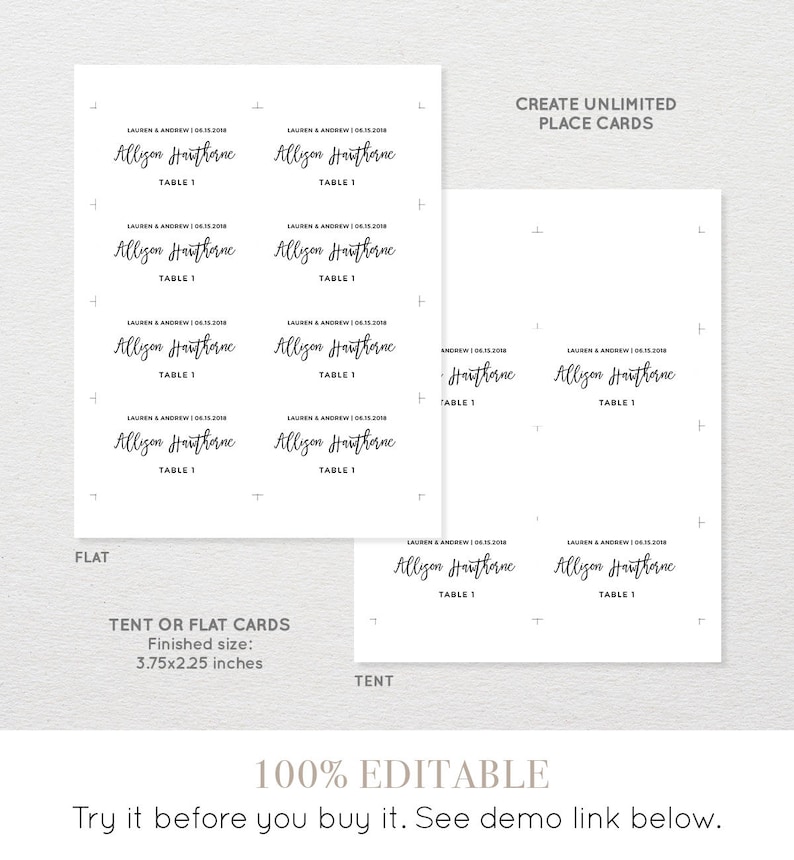 Wedding Place Card Template, Table Number, Name Card, Seating Card, Printable File, Instant Download, 100% Editable, Digital, DIY 018-101PC image 2