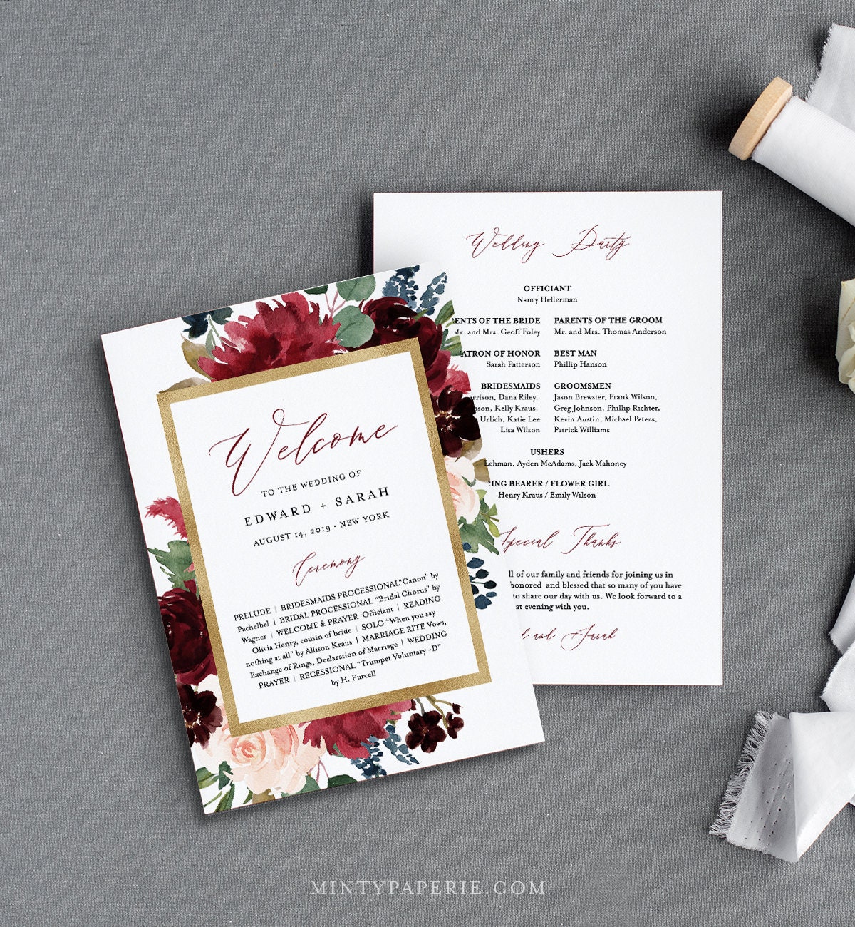 Wedding Program Template Flat Or Fan Program Merlot Navy