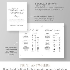 May include: A printable wedding weekend schedule template with a welcome sign at the top. The template includes a timeline for Friday, Saturday, and Sunday. The text on the welcome sign reads "Welcome Family & Friends Napa Valley".