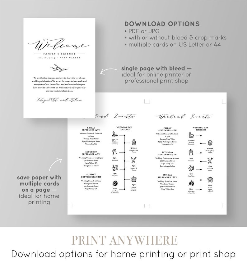 May include: A printable wedding weekend schedule template with a welcome sign at the top. The template includes a timeline for Friday, Saturday, and Sunday. The text on the welcome sign reads "Welcome Family & Friends Napa Valley".