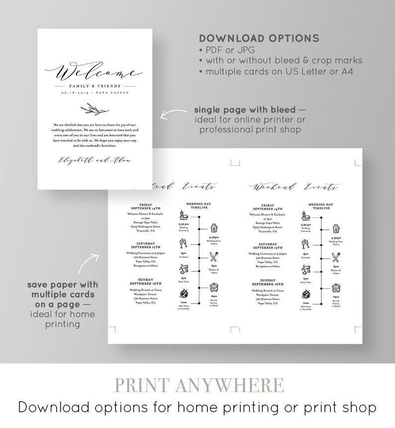 Wedding Itinerary, Welcome Letter Template, Printable Welcome Bag Note, Order of Events, Agenda, Icon Timeline, 100% Editable 037-110WB image 4