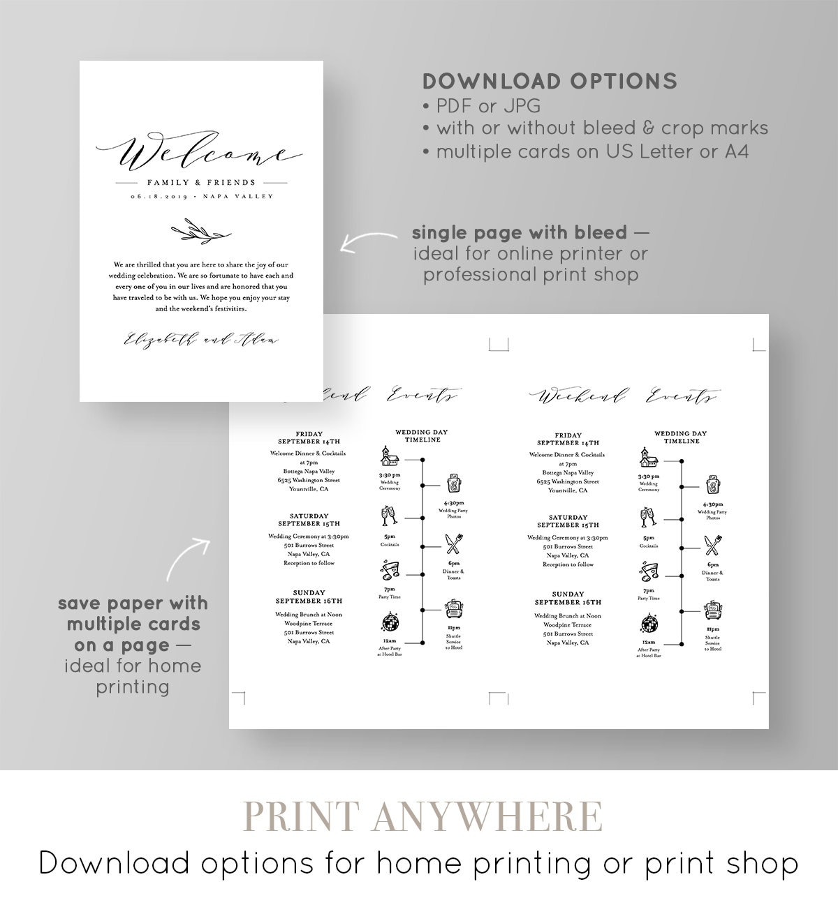 Mexico Wedding Welcome Bag Itinerary Editable Note Card