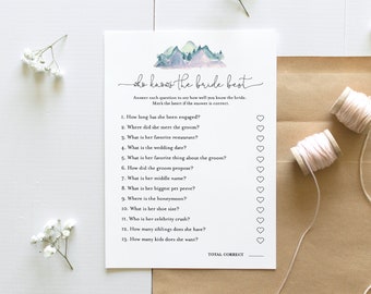 Who Knows the Bride Best Bridal Shower Game, Printable Rustic Mountain Bridal Shower Game, Editable Template, Instant Download #063-264BG