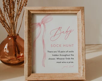 Baby Sock Hunt Game, Coquette Bow Baby Shower Game, Sock Hunt Sign, Editable Template, Printable, Instant Download, Templett #0057-05BAG