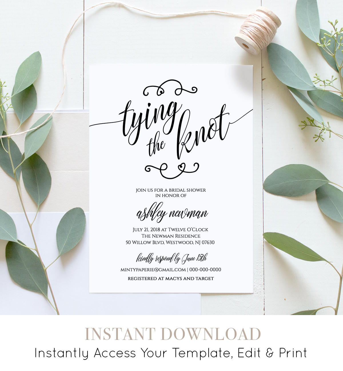 Rustic Bridal Shower Invitation Printable, Tying the Knot Wedding Rustic Bridal Shower Invitation Printable, Tying the Knot Wedding