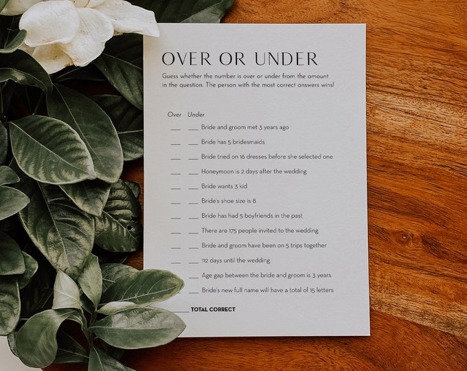 Over or Under Bridal Shower Game, Printable Minimalist Couples Shower Game, Editable Template, Instant Download, Templett #0026B-10BRG