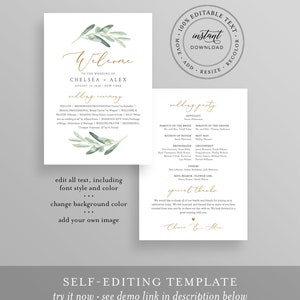 May include: Editable wedding ceremony and reception program template with a green olive branch design. The template includes text for the wedding party, officiant, parents of the bride and groom, matron of honor, best man, bridesmaids, groomsmen, ushers, ring bearer, flower girl, and special thanks. The text is in a gold font. The template is 100% editable and can be downloaded instantly.