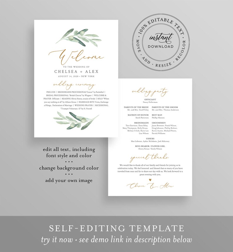 May include: Editable wedding ceremony and reception program template with a green olive branch design. The template includes text for the wedding party, officiant, parents of the bride and groom, matron of honor, best man, bridesmaids, groomsmen, ushers, ring bearer, flower girl, and special thanks. The text is in a gold font. The template is 100% editable and can be downloaded instantly.