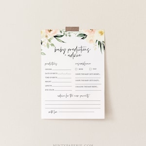 Prédictions de bébé et carte de conseils, jeu de douche de bébé Floral Boho imprimable, texte 100 % modifiable, conseils de bébé bricolage, téléchargement immédiat #076-150BG