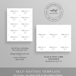 May include: Editable template for flat and tent cards with a simple design featuring the text "Table Two" and a small branch with leaves. The template is 3.5 inches by 2 inches and includes instructions for editing text, font style, color, and background color. The text "Self-Editing Template" and "Try it now - see demo link in description below" is also included.
