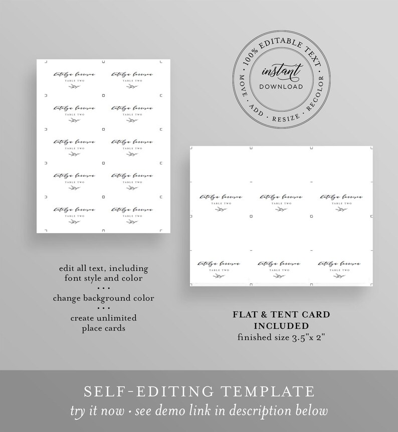 May include: Editable template for flat and tent cards with a simple design featuring the text "Table Two" and a small branch with leaves. The template is 3.5 inches by 2 inches and includes instructions for editing text, font style, color, and background color. The text "Self-Editing Template" and "Try it now - see demo link in description below" is also included.