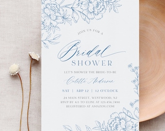 French Toile Bridal Shower Invitation Template, Vintage Blue Floral, Chinoiserie, Instant Download, Editable, Templett #0062-360BS