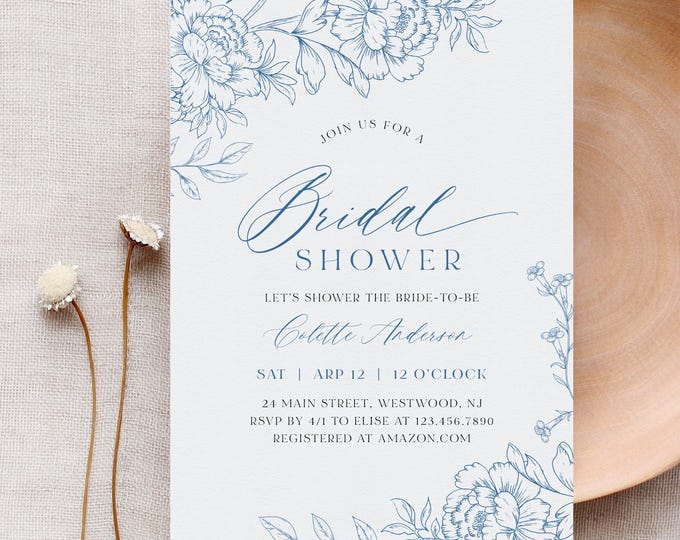 French Toile Bridal Shower Invitation Template, Vintage Blue Floral, Chinoiserie, Instant Download, Editable, Templett #0062-360BS