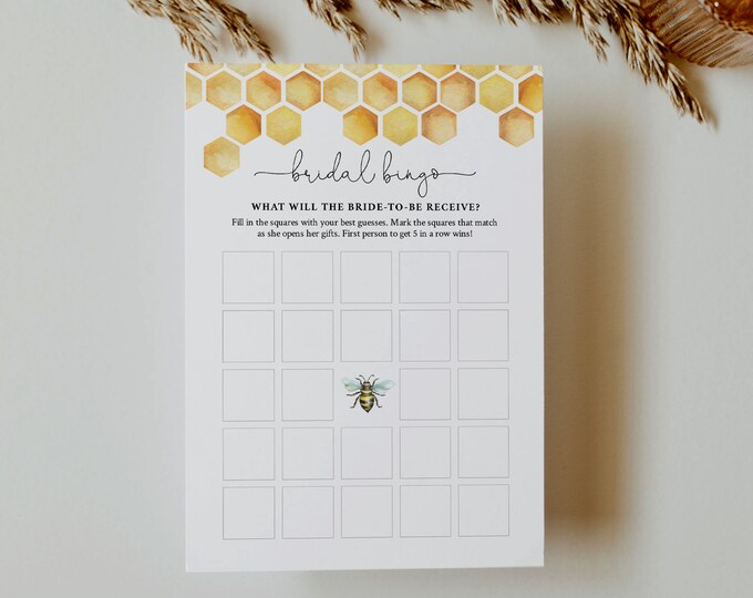 Honey Bee Bridal Bingo Game, Honeycomb Bridal Shower, DIY Printable Bingo, Editable Template, Instant Download, Templett, 5x7 #097-366BG